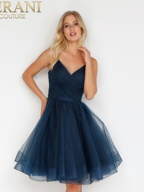 Terani Couture Navy Strapless Tulle Party Dress